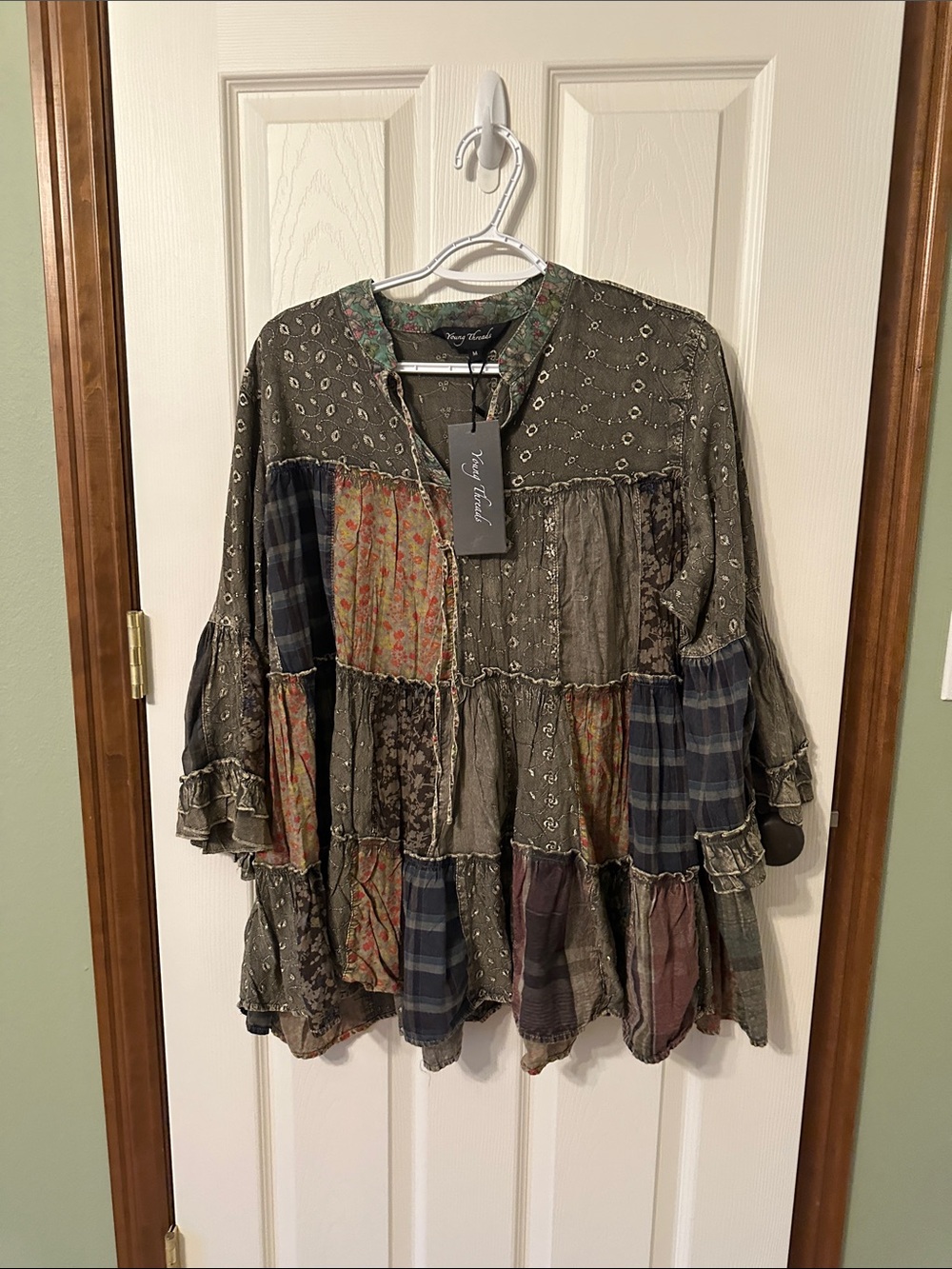 Ivory Road Olive Patchwork Tiered Tunic β Boho Long-Sleeve Top